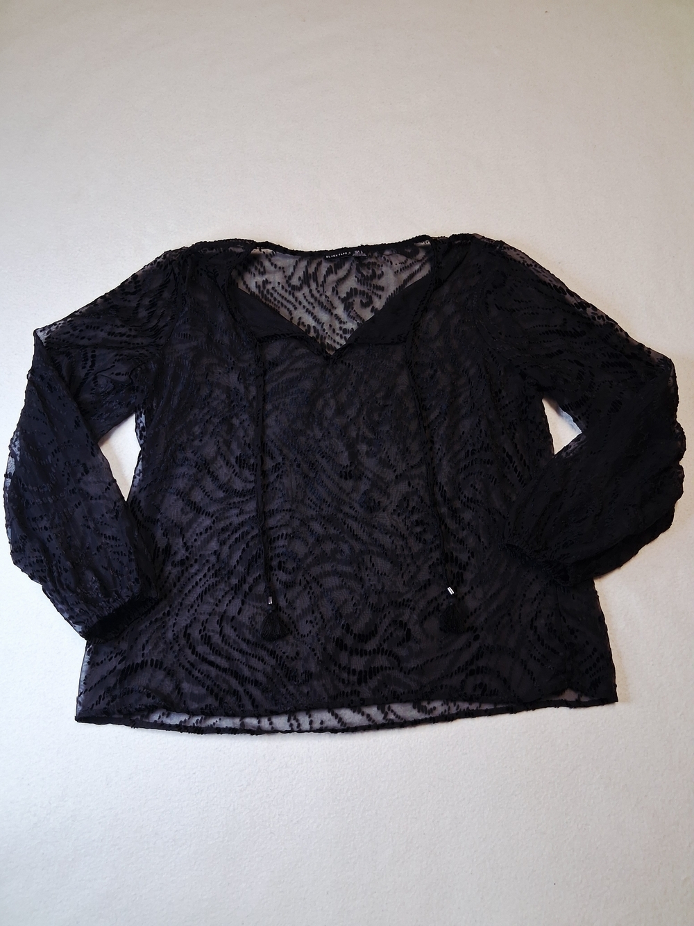 Black Tape_ Black Sheer Lace V-Neck Blouse with Drawstrings